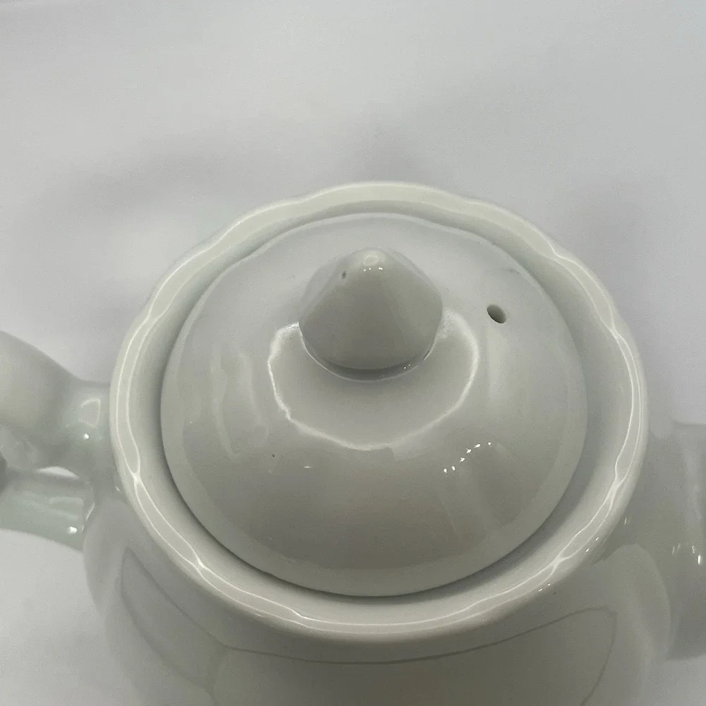 Vintage White Ceramic Teapot Blue Floral Cornflower Design Scalloped Rim